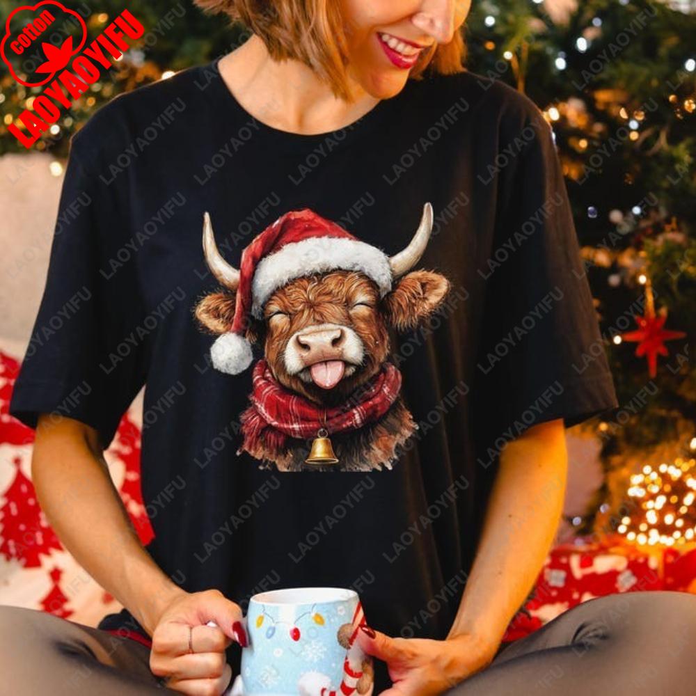 Funny Highland Cow Christmas Shirts Farm Cow with Santa Hat T-Shirt Xmas Bell Country Woman Men Christmas T Shirts Print Tops