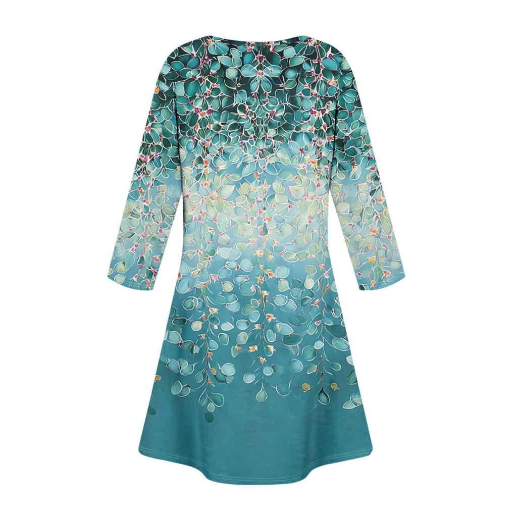 Women's Fashionable V-Neck Button Seven Part Cuff Pocket Floral Dress