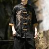 Summer Chinese Traditional Dress Dragon Embroidery Shirt Men Clothing Silk Half Sleeve Vintage Tops Plus Size