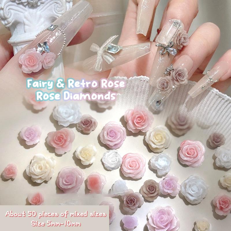 50Pcs Diy Nail Art Decor 3D Rosa Chinensis Flower Rose Flower Nail Drills Mixed Size Camellia Flower Nail Drill Manicure Design
