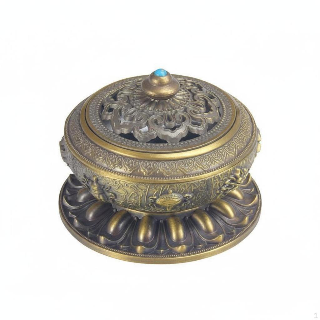 Alloy Burner Ornate Carvings Tibetan Design Scent Decorative Art Piece Lidded Coil