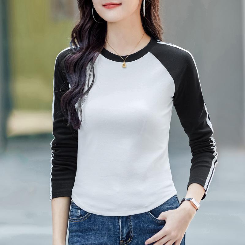 Spring and Autumn Women's Casual Clashing Retro Plug Sleeve Long Sleeve Bottom Inner T-shirt