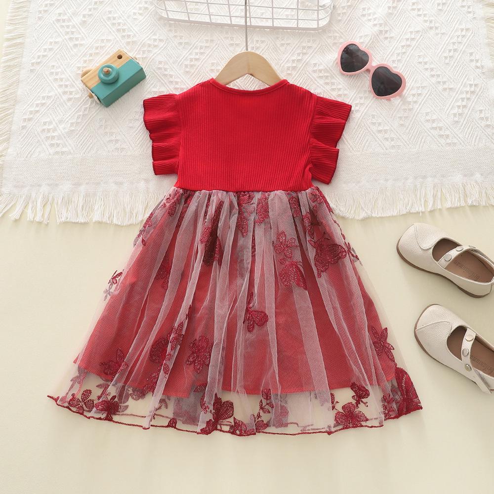 Korean Baby Girls' Butterfly Embroidery Flutter Sleeve Red Mesh Knit Dress