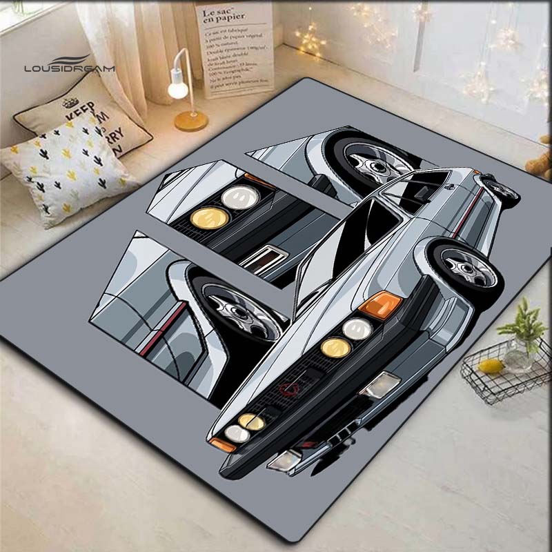 Grey Classic Vintage Car Comic Multi‑Panel Print Area Rug Non‑Slip Rectangular Floor Mat Car Fan Decor for Gaming Room Living Bedroom