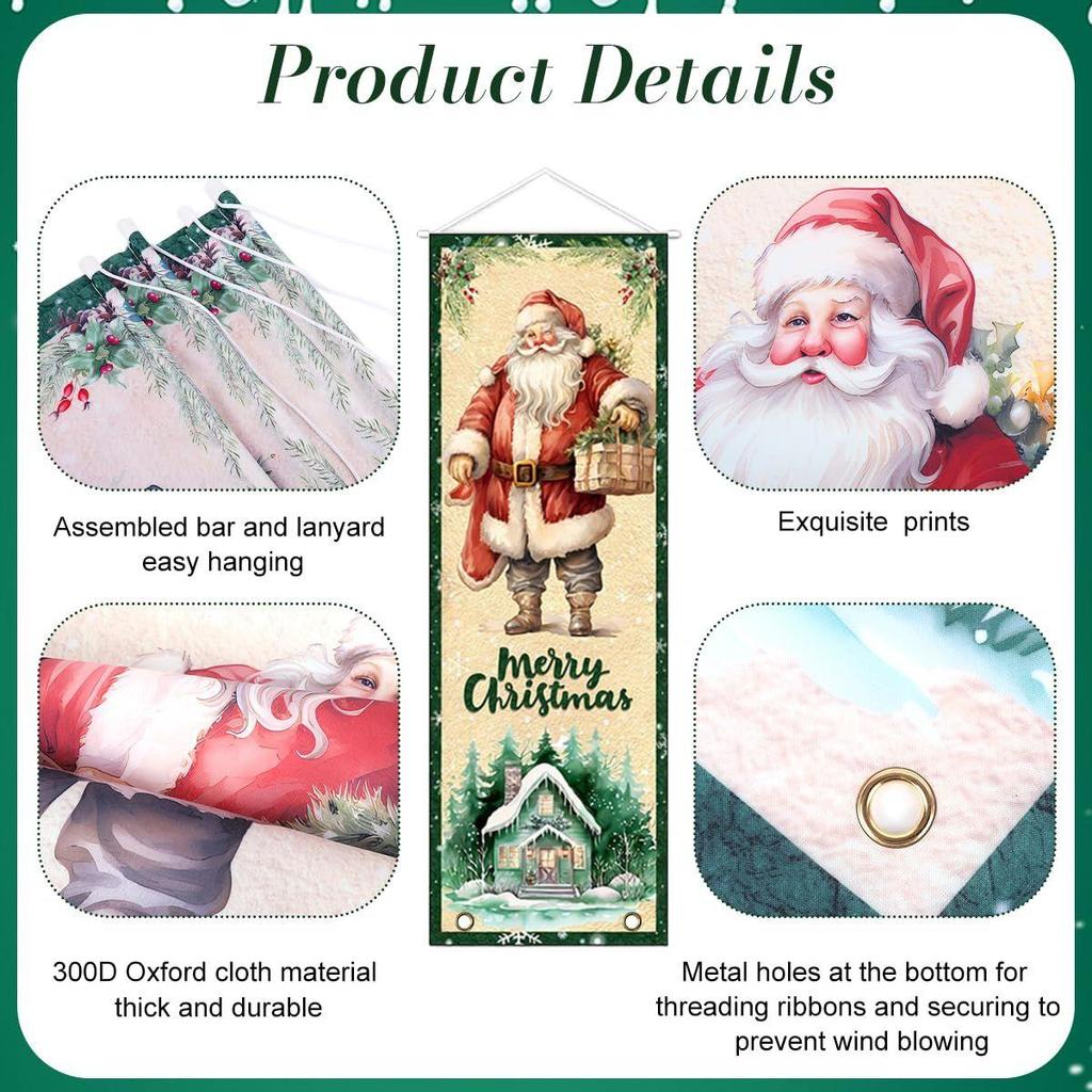 4Pcs Christmas Banners Porch Signs Decor Xmas Hanging Banner Backdrop Decorations Christmas Tree Santa Snowman Elk Hanging