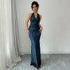 Women's Halter V Neck Ruched Backless Mesh Patchwork Mermaid Maxi Dress Slim Fit Evening Party Long Gown