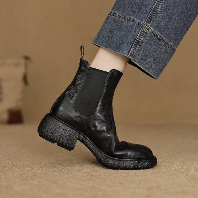 New Women's Versatile Leather Knight Boots Sleeve Solid Color Cowhide Versatile Women's Boots Square Heel Round Head Medium Boots Women's