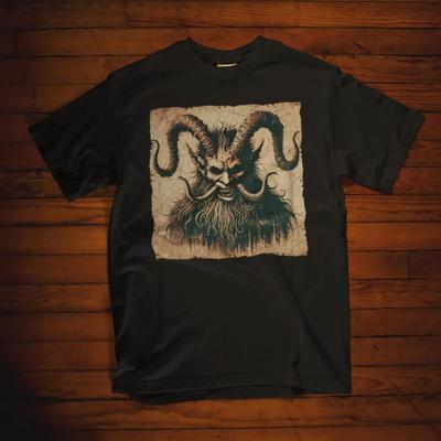 Zlověstné vintage tričko Krampus, Strašidelné vánoční unisex tričko, Sváteční hororové tričko, Creepy grafické tričko Krampus, Gotické vintage tričko