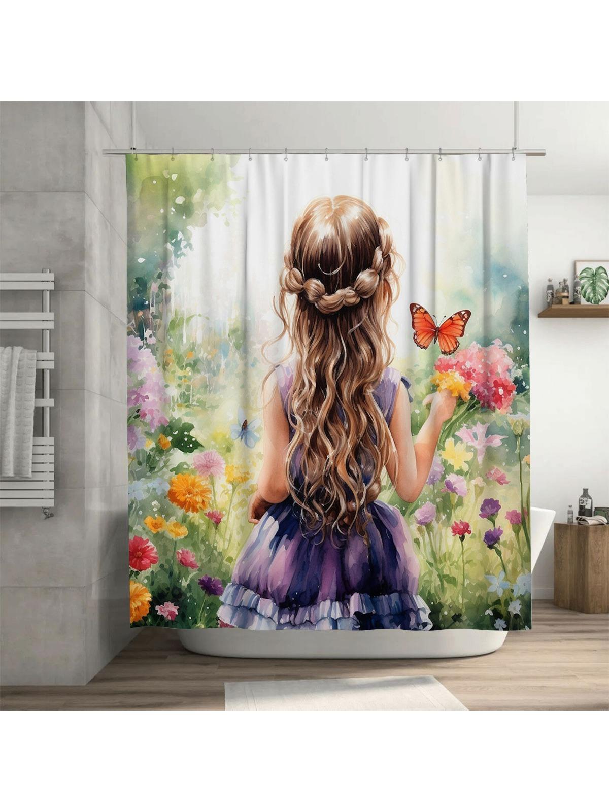 

Girl In Flower Garden Shower Curtain | Watercolor Art Bathroom Decor W60H190(CM)-1 Pcs
