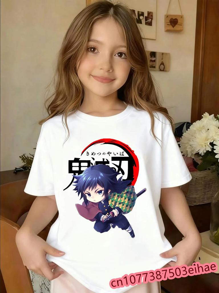 Vintage Demon Slayer Kid Tshirt Tanjiro Nezuko Inosuke Retro Print Oversized Pure Cotton Short Sleeve Casual Wear
