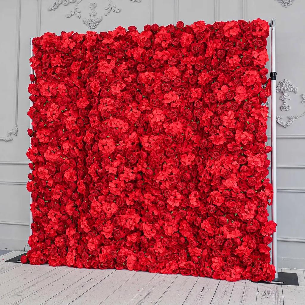 3D Classic Red Flower Wall Burgundy Artificial Rose Fabric Floral Wall Outdoor Party Wedding Backdrop Decor Window Display