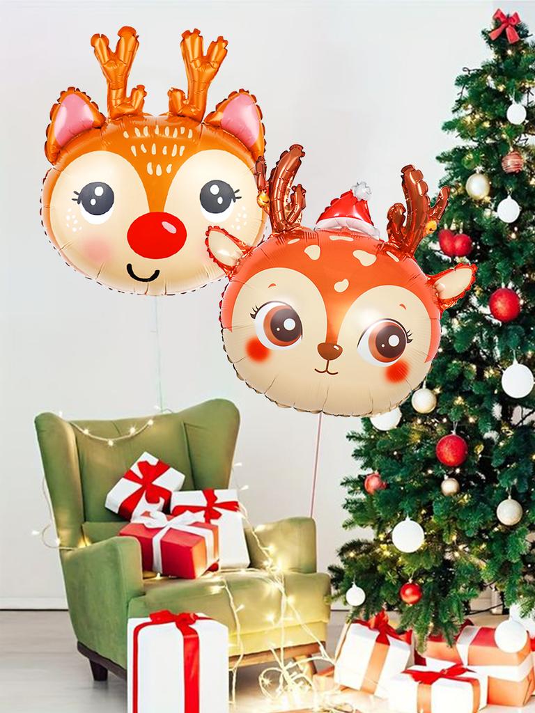 2pcs Cartoon Deer Shaped Decorative Balloons, Christmas Elk Head, Christmas Party Decorations, Holiday Party Decorations