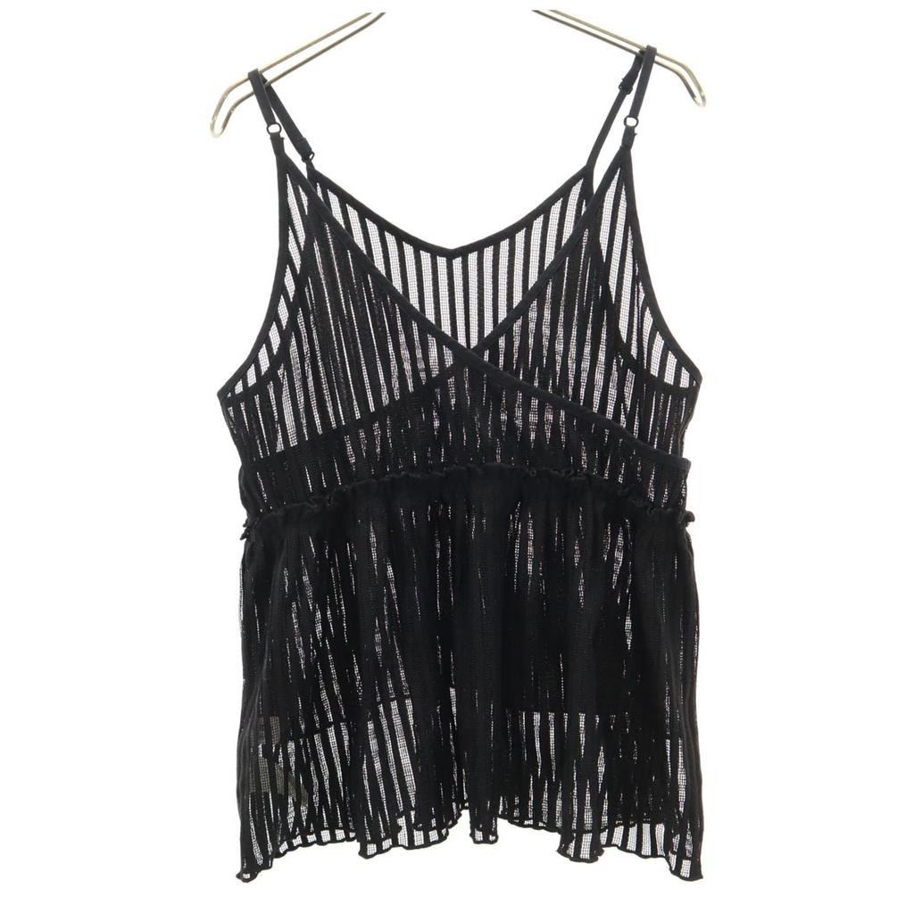 Ray Beams Striped Pattern Short Sleeve Mesh Gathered Camisole Black Women Used