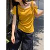 Korean Yellow Slanted Shoulder Short-sleeved T-shirt Slim Versatile Off-the-shoulder Strap Design Spice Girl Top