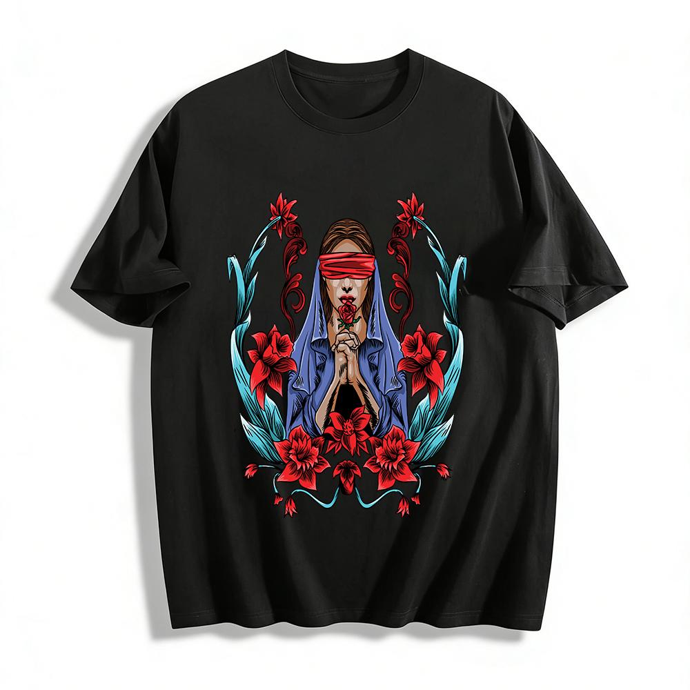 

Blindfolded Praying Lady Floral Print Trendy Casual Tee Pure cotton T-shirt XXS