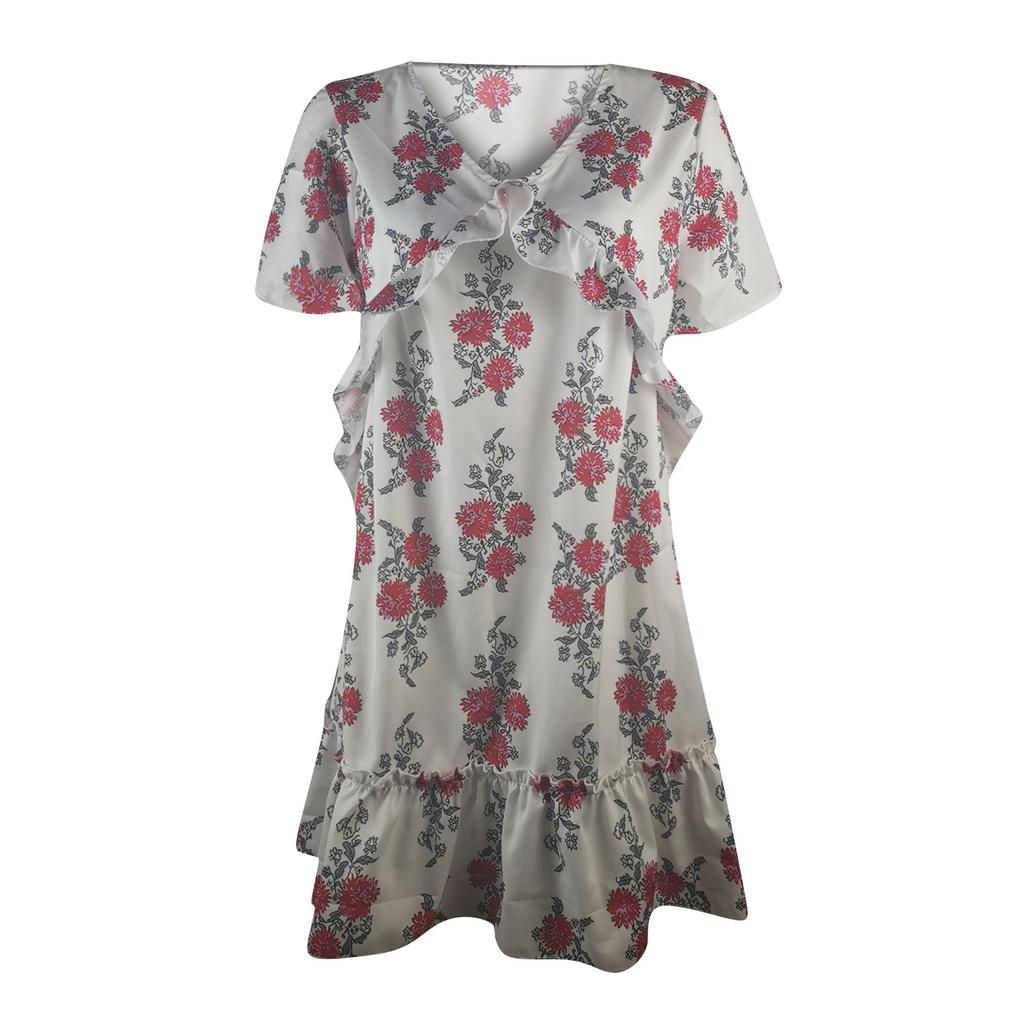 Fashion Women V-neck Printed Short Sleeve Dress Fresh Girly Style Dress
