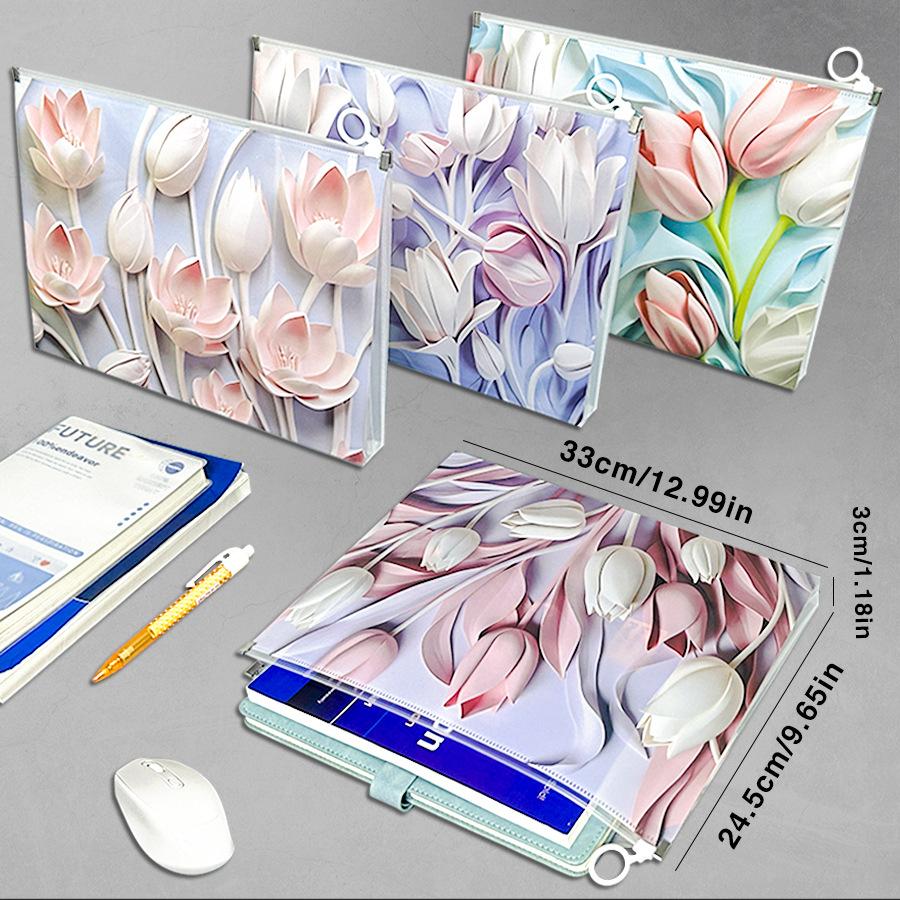 4pcs A4 Tulip 3D Document Bags - Durable PP Office File Organizer, Exam & Study Pouch,School Report Storage,Spring Festival gift