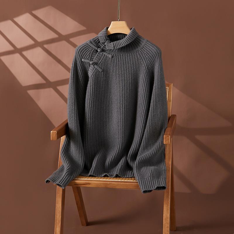 

Женский кашемировый свитер Ejia в китайском стиле с высоким воротом - Толстый, свободный и уютный для осени и зимы One Size темно-серого