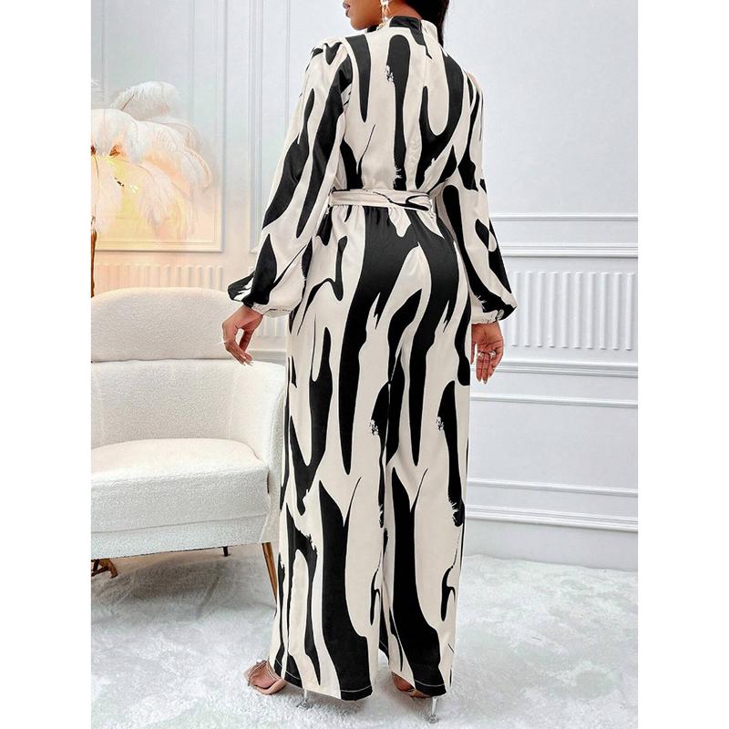 Fashion Stand Collar Long Sleeve Print Casual Jumpsuits Women Bodysuits Elegant Slim Fit Loose Woman Jumpsuit Simple High Waist Ladies Rompers 25907