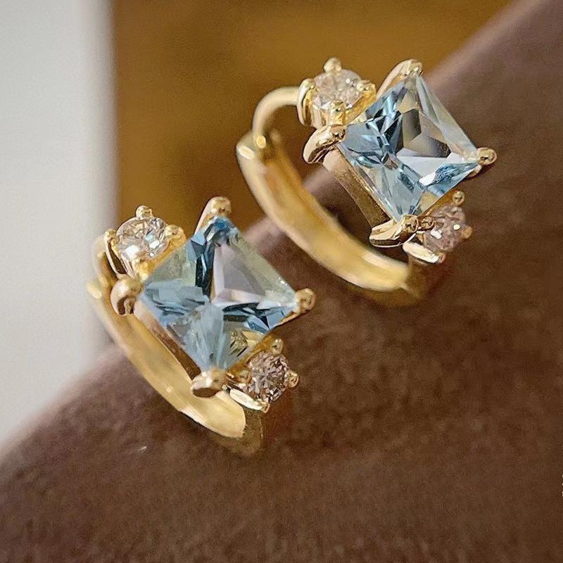 Natural London Blue Topaz Square Stud Earrings, 925 Silver with 18K Gold Plated Ear Cuff 925 silver