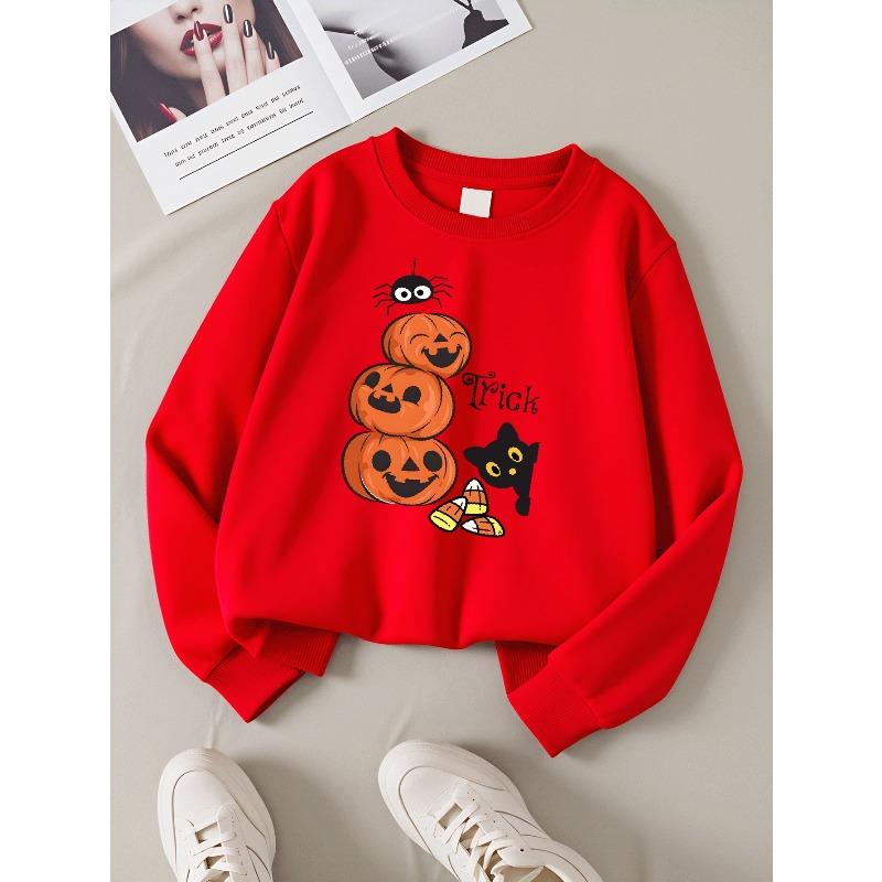 Girls' Halloween Long-Sleeve Sweatshirt, Round-Neck Fun Print Casual Top, Kids' Autumn Clothing, Suitable for Trick-Or-Treat Parties And Halloween