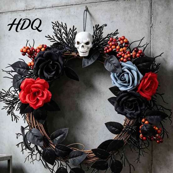 Elegant Mystery Party Props Gothic Black White Blue Rose Twig Wreath 15 Inch Halloween Skull Wreath