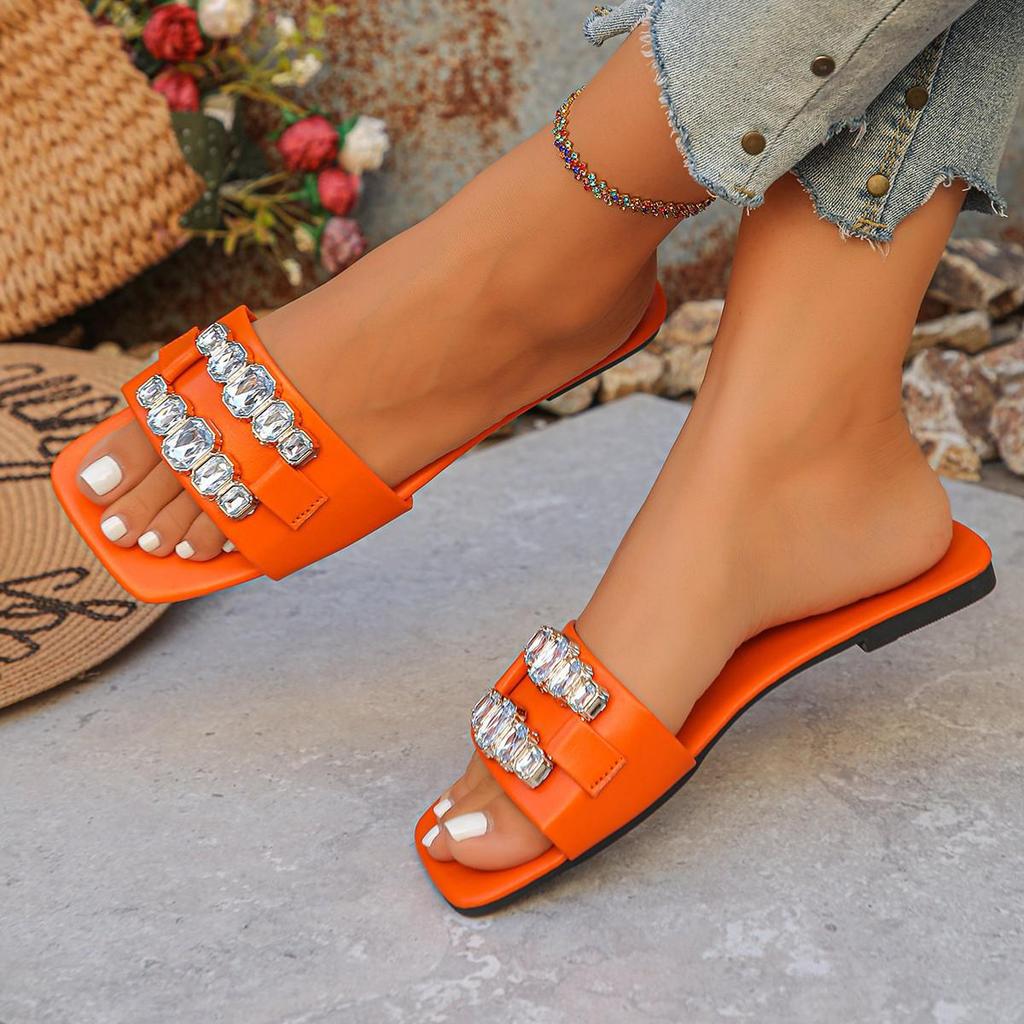 Damen Gelbe Flache Hausschuhe Sommer Neue Damen Sandalen mit Metallschnalle Quadratische Spitze Weich Rutschfest Outdoor Strand Damenschuhe