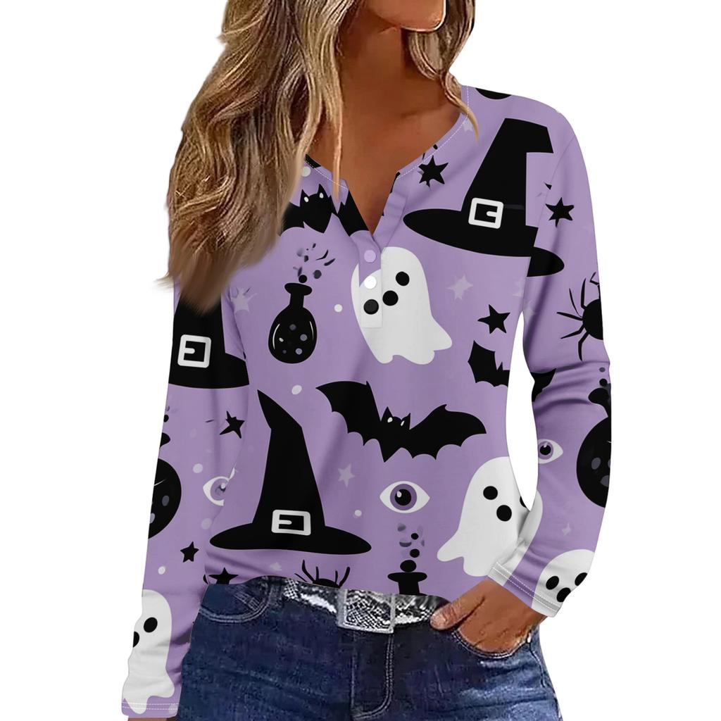 Women's Halloween Print V-Neck Long Sleeve T-Shirt with Button for Casual Holiday Wear