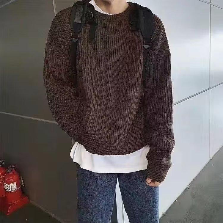 Loose Men's Pullover Knitwear Solid Color Round Neck Winter Base Layer Hong Kong Style Casual Crew Neck Sweater Autumn Winter