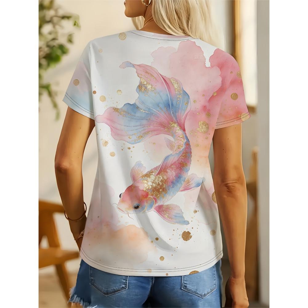 Pink gold gradient goldfish round neck T-shirt women's size loose fit casual trend