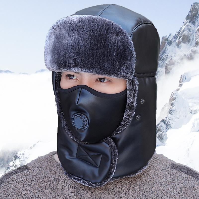 Hat men's winter cold-proof cycling hat outdoor warm breathing valve leather velvet thickened ear hat women