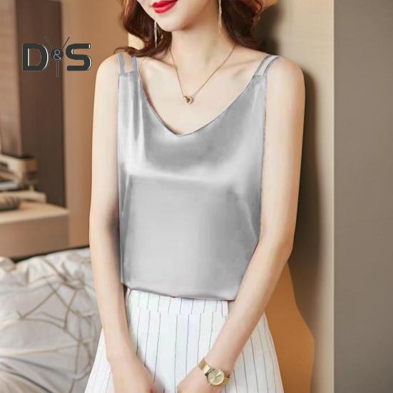 Chaleco Base de Mujer con Tirantes de Cuello en V sin Mangas de Satén Suave Tops de Seda Imitación Chaleco Base Versátil para Uso Diario