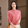 Fengxiao Women's 100% Wool Mock Neck Embroidered Sweater