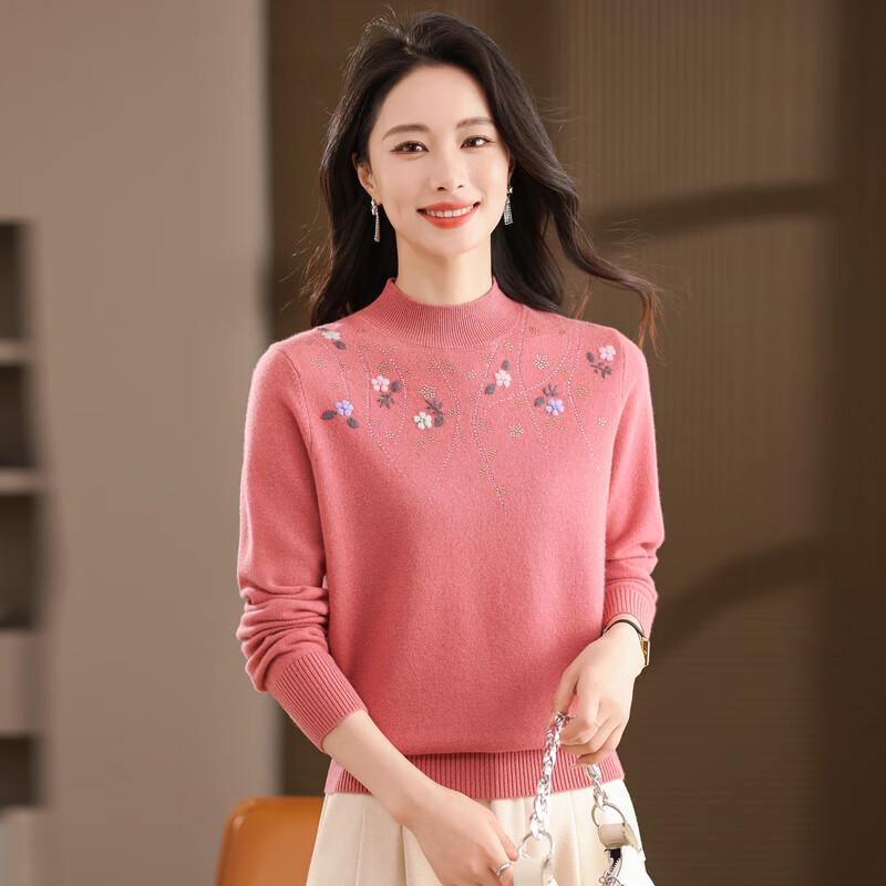 Fengxiao Women's 100% Wool Mock Neck Embroidered Sweater
