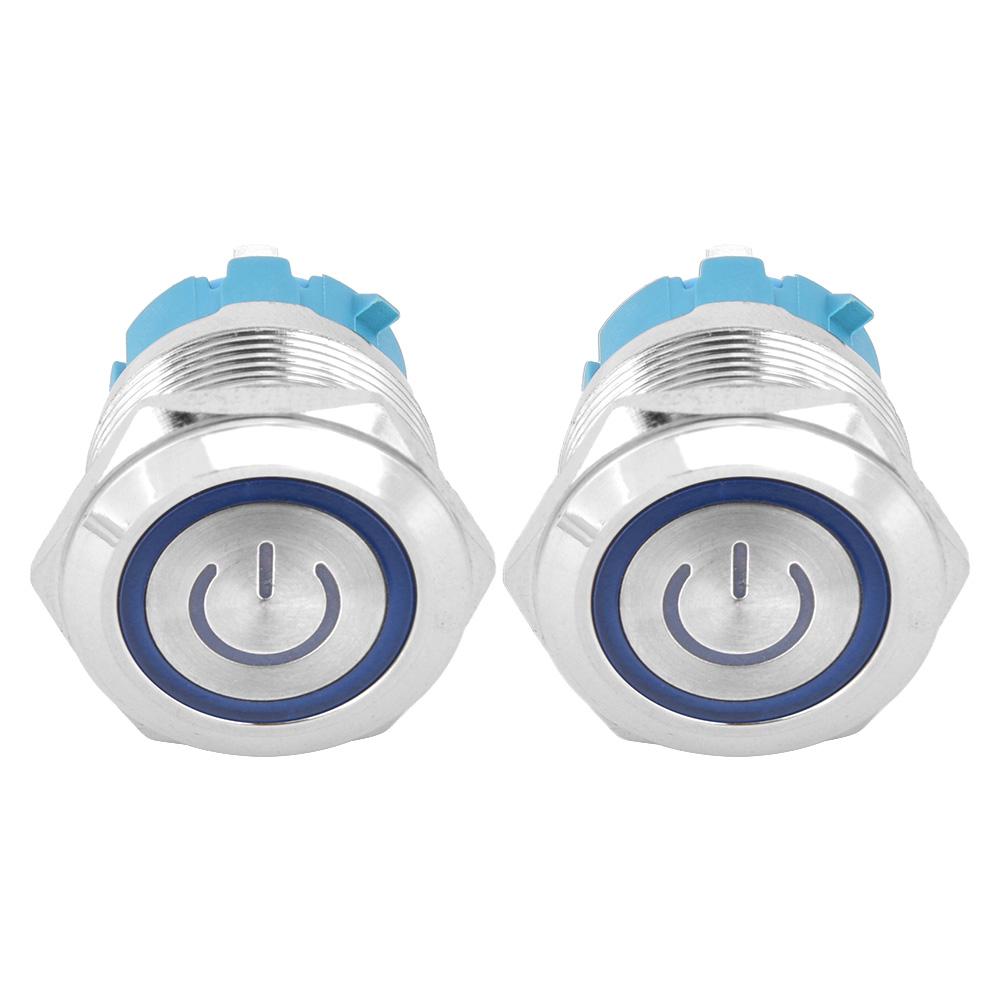 2 Pcs Button Switch Flat Head Self Reset IP65 220VAC 22mm 4 Pin Switch with Light(Blue )