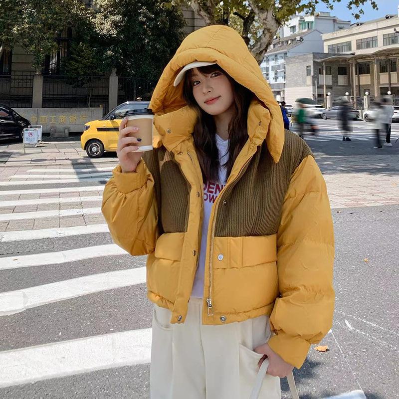 Corduroy splicing down jacket women's short 2024 winter new fashion contrasting colors thickened white duck down bread jacket tide