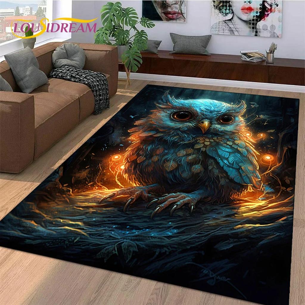 3D Süße Eule Adler Vögel Cartoon Teppich für Schlafzimmer Wohnzimmer Zuhause Sofa Dekoration, Kinderspiel Große Dekor Bodenmatte Geschenk
