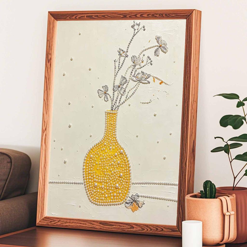 Yellow Vase with Flowers Pearl Art Kit with Frame 3D Sparkling Canvas Painting Elegant Luxury Room Wall Decor Art Gift for Home Decoration