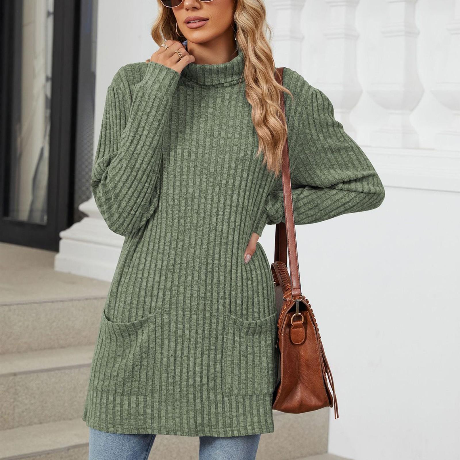 

Женская модная однотонная футболка с высоким воротом и длинными рукавами и широким подолом с разрезом L