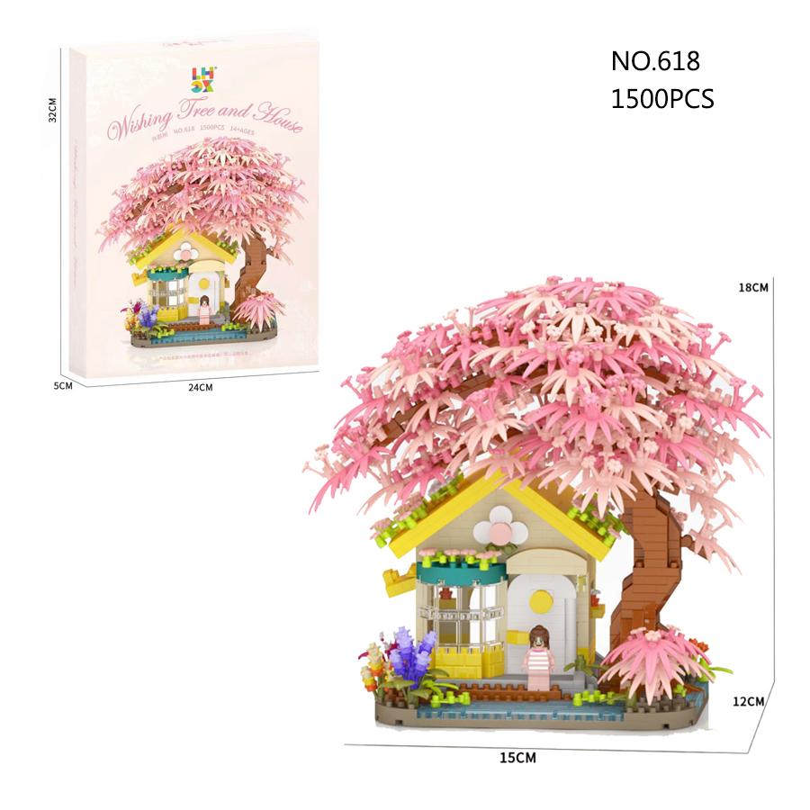 Kirschblütenhaus Bausteine Kirschblüten Straßenansicht Mini-Bausteine Mikro-Bausteine Kinderspielzeug 3D-Modelle Kreative Ornamente