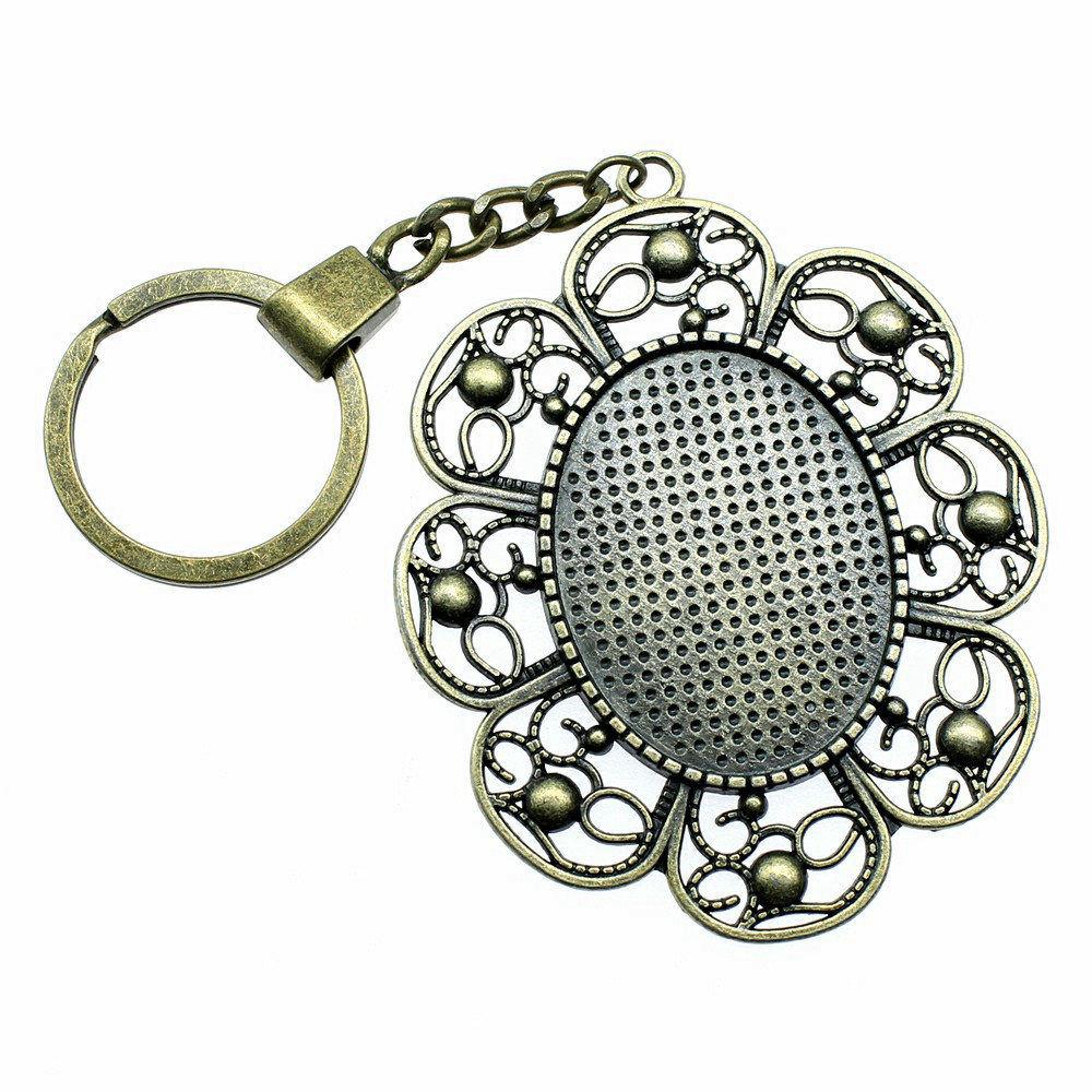 Heart Elliptical Glass Cabochon Base Setting Tray Blank Antique Bronze Metal Keychain for Family Gift
