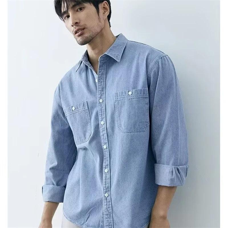 2026 Spring Autumn Men Slim Fit Denim Shirts Men Casual Solid Color Shirts Male Long Sleeve Jeans Shirt Fashion Cowboy Shirt
