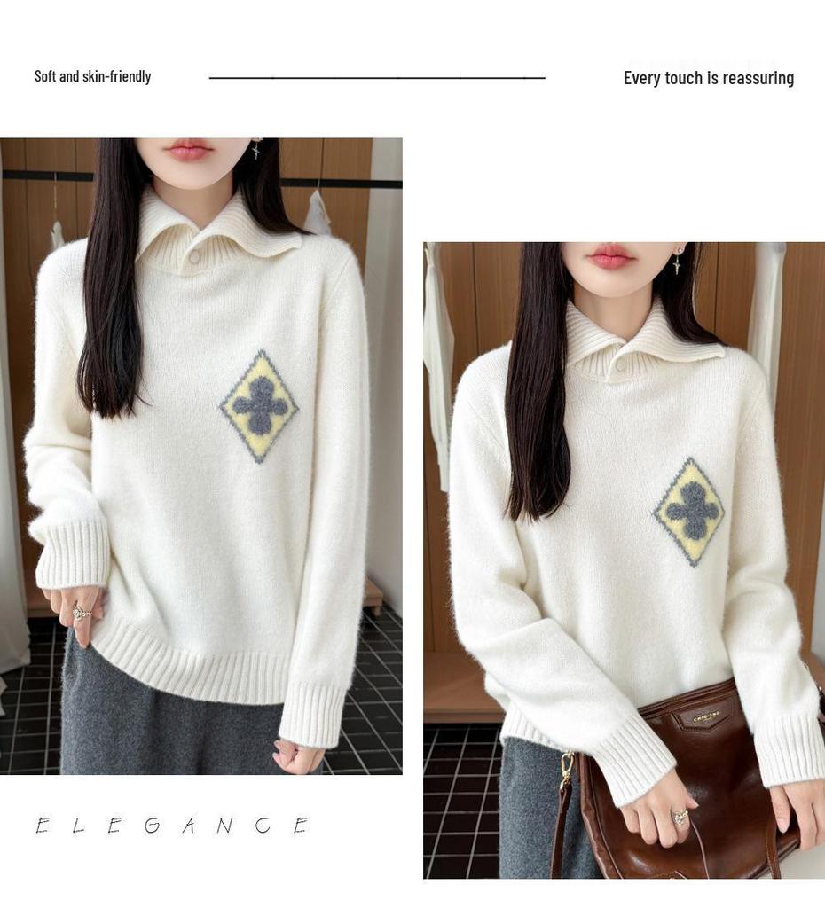 Women's Diamond Jacquard Wool Lapel Sweater - Thick, Warm, Long Sleeve Knitwear for Autumn/Winter