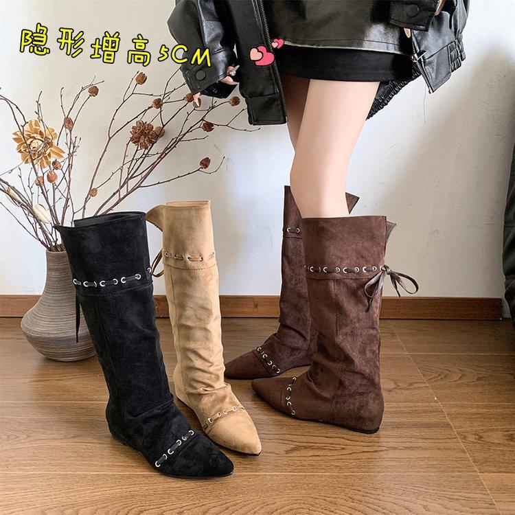 "Wasteland Spice Girls" Inner Heightening Western Cowboy Boots Women's Autumn and Winter Pile Boots Lace-up Skinny Knee Boots