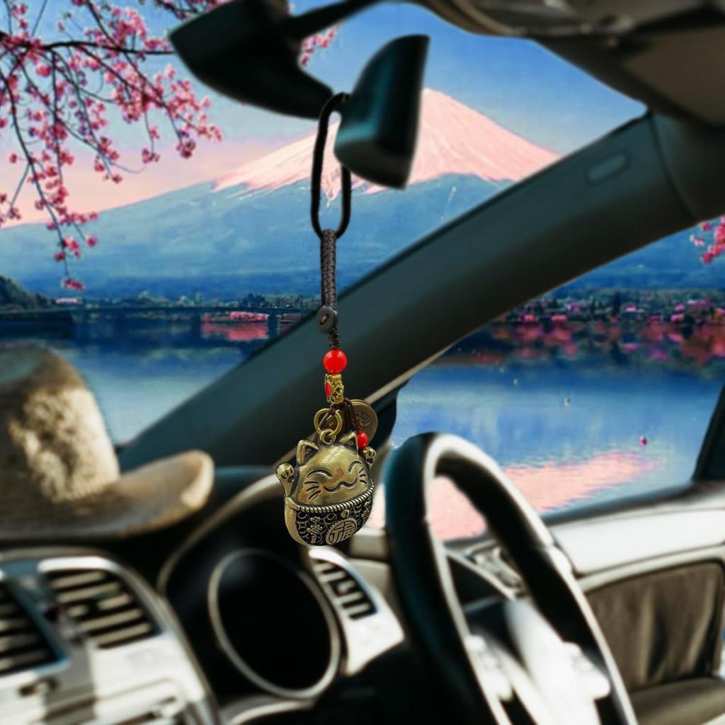 Lucky Cat Rearview Mirror Pendant with Five Emperors Feng Shui Co, Brass Maneki Neko Charm for Good Luck and Wealth, Tassel Hanging Decoration, Car