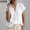 Blusas y camisas con cuello en V de manga corta con estampado de Color sólido informal de moda para mujer