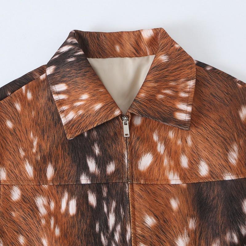 Womens Wool Blend Printed Zip Blazer Jacket Streetwear Outerwear Fall Season