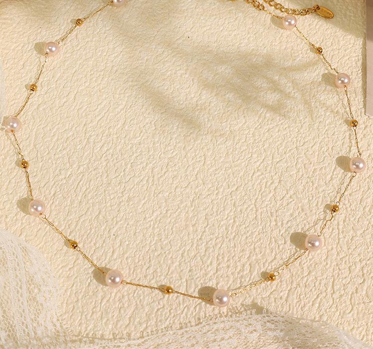 Light Pink Pearl Stainless Steel Necklace – European & American Style Women's Luxury Korean-Inspired High-End Jewelry