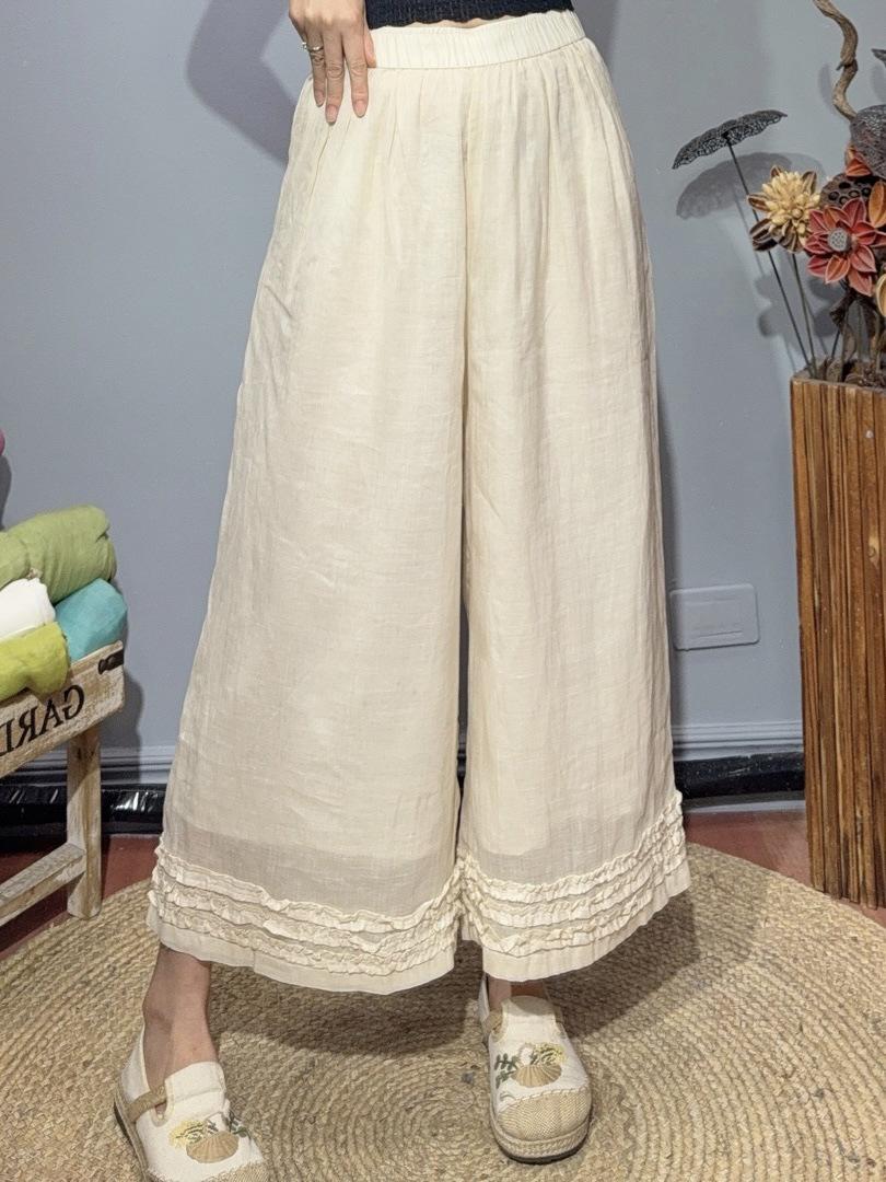 Forest Wood Ear Lace Linen Wide-Leg Elastic Waist Slimming Casual Petite Pants - Summer 2026 One size