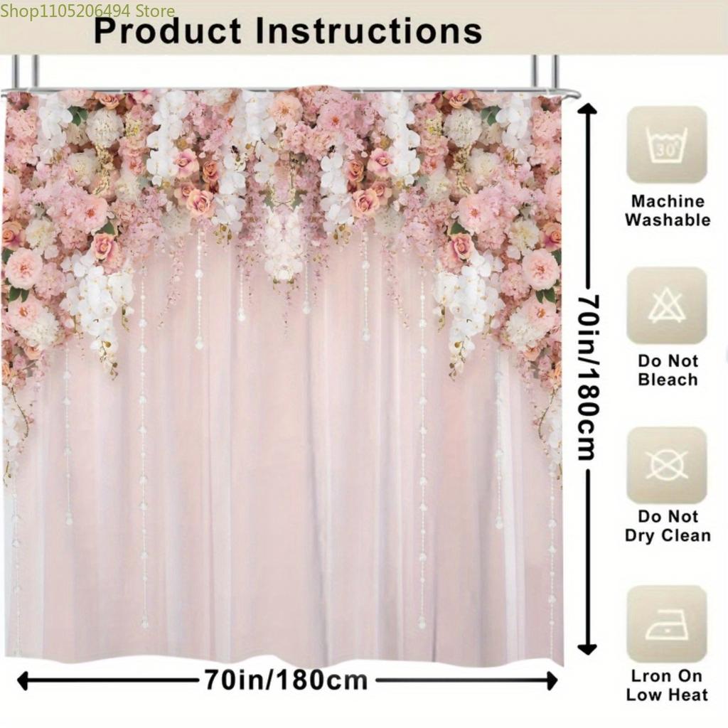 1 Stück Eleganter Rosa Blumiger Duschvorhang Mit Haken - Maschinenwaschbarer Stoff Badvorhang Geeignet Für Moderne Badezimmer, Romant